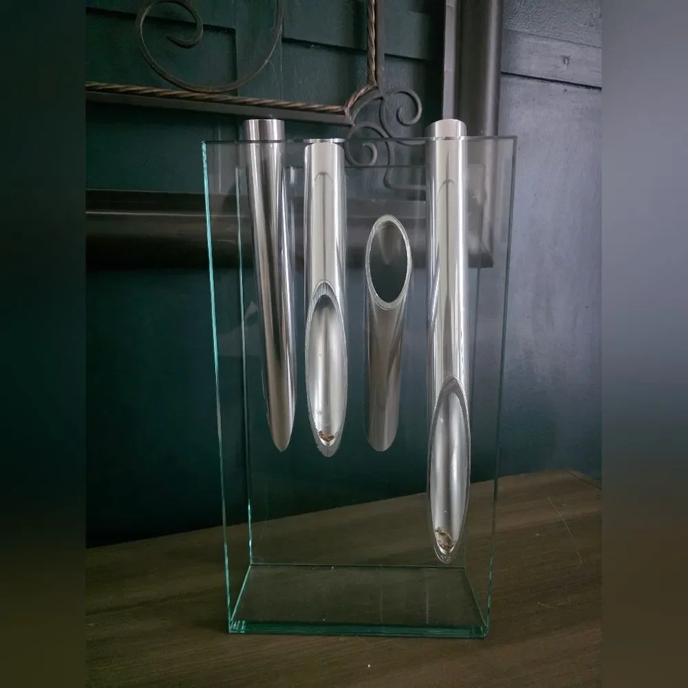 Lisa Mori Style VTG Glass Aluminum Abstract Vase Contemporary Modern Art 3 Stem